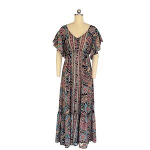 Me 2 Magic Paisley Boho Maxi Dress Long Sleeve V-Neck Multicolor